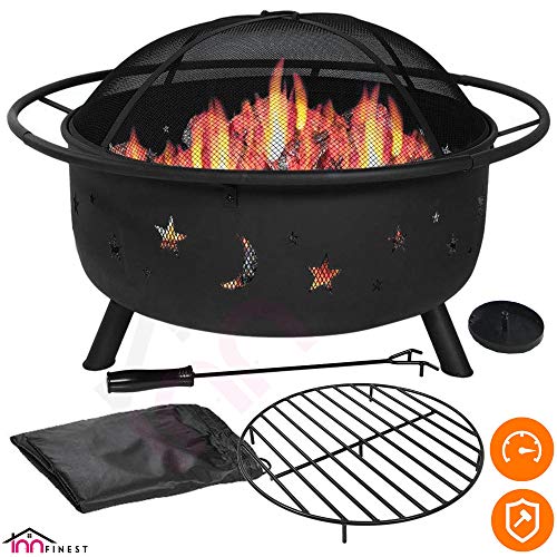 Outdoor Fire Pit Set – Large Bonfire Wood Burning Firepit Bowl – Spark Screen Cover, Fireplace Poker, BBQ Grill Metal Grate, Waterproof Rain Cover – for Outdoor Backyard Terrace Patio (31 Inch)