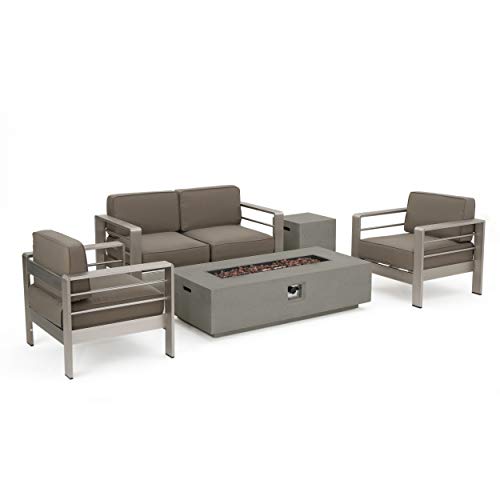 Christopher Knight Home Crested Bay Patio Furniture ~ Outdoor Aluminum Sectional Sofa Set with Light Grey Fire Table (Khaki with Light Grey Fire Table)