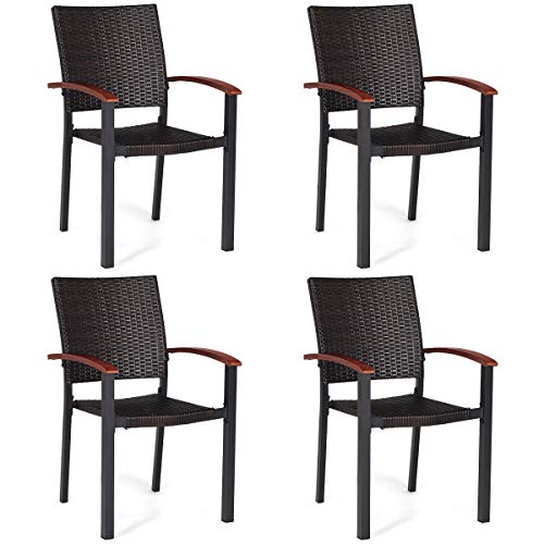Tangkula Dining Chairs Outdoor Outdoor Indoor Garden Beach Lawn Patio Armchair Set with Eucalyptus Wood-Made Armrests Ergonomic Rattan Wicker Chairs Set with Aluminum Frame for Balcony Chairs (4 PCS)