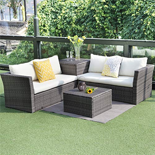 Wisteria Lane Patio Sectional Furniture Set, 4 Piece Outdoor Conversation Set All-Weather Wicker Sofa Set with Storage Table,Grey