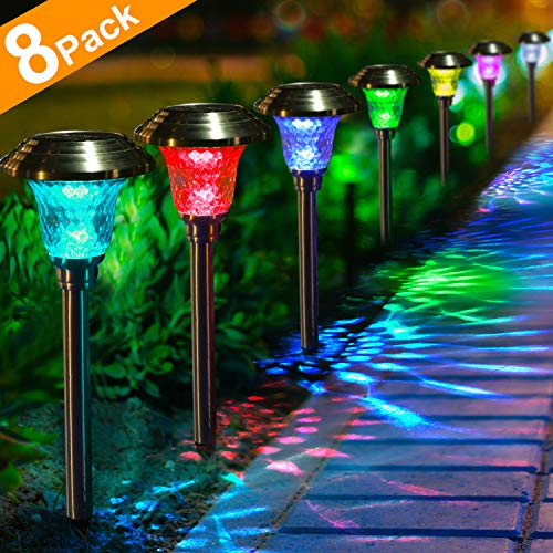 Solar Lights with 7 Color Changing Pathway Outdoor Garden Stake Glass Stainless Steel Waterproof Auto On/off Sun Powered Landscape Colorful Lighting Effect for Yard Patio Walkway In-Ground Spike