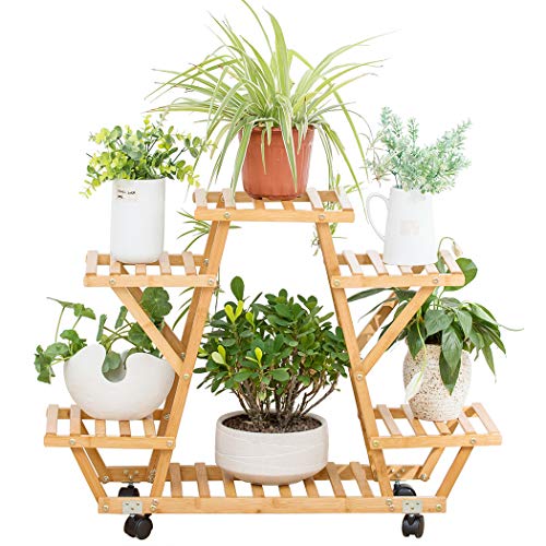 Bamboo Rolling 6 Tier Plant Stand Rack Multiple Flower Pot Holder Shelf Indoor Outdoor Planter Display Shelving Unit for Patio Garden Corner Balcony Living Room