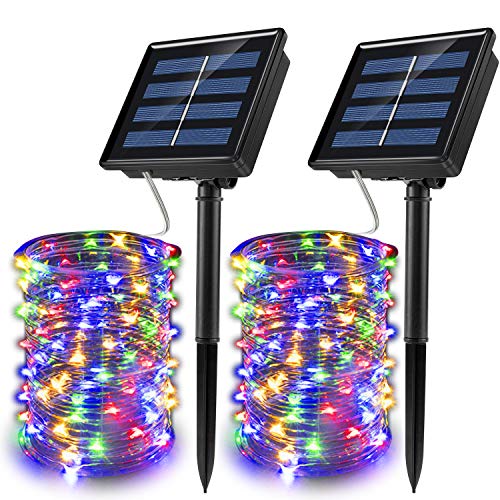 JosMega Upgraded Larger Solar Powered String Lights 2 Pack 33 ft 100 LED 8 Modes Waterproof IP65 Twinkle Lighting Indoor Outdoor Fairy Firefly Lights Auto ON / OFF (2 Pack 33 ft 100 LED, Multicolor)