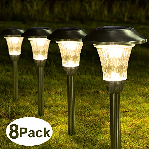 Solpex 8 Pack Solar Path Lights Outdoor, Waterproof Glass Stainless Steel High Lumen Automatic Solar Pathway Lights for Patio, Yard, Lawn, Garden and Landscape-Warm White(Silver Finish）