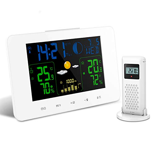 Oritronic Digital Weather Station Wireless Indoor Outdoor Thermometer with Sensor, Large LCD Horizontal Screen, Weather Forecast, Alarm Clock, Temperature Humidity Monitor Gauge Room Hygrometer, White