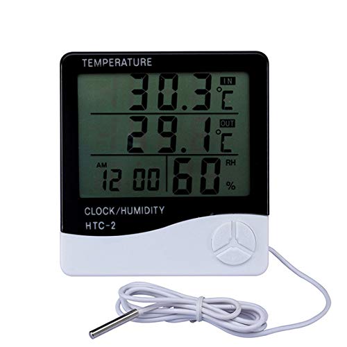 Indoor Outdoor Digital Humidity Temperature Thermometer Sensor with Time,Date and Alarm,LCD Display for Humidors, Greenhouse, Garden, Cellar, Fridge, Closet(White)
