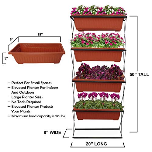 4- FT Freestanding Elevated Garden Planter- 4 Raised Terracotta Plastic Planters – Vertical For Indoor/ Outdoor- Deck, Patio, Balcony, 50 x 20 x 8 inches, Powder Coated Steel Green Frame. No Tools