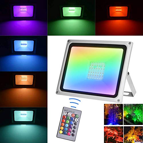 Viugreum Outdoor Led Flood Lights, 50W RGB Flood Lights, 16 Colors 4 Modes Spotlight, IP65 Waterproof Dimmable Color Changing Security Lights, LED Wall Washer Light Outdoor Garden Landscape Lighting