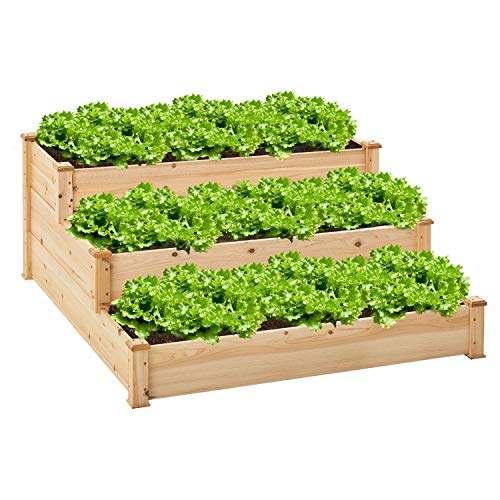 3 Tier Raised Garden Bed Kit Kealive Wooden Elevated Planter Box for Vegetable and Herbs, Outdoor Gardening Easy Grow, Natural 49L x 49W x 22H