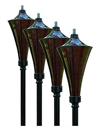 Dusq Set of 4 All-In-One Garden Torches – Includes Deck Rail Hardware, Table Top Bases Poles. Can Burn Citronella Any Non-Combustible Lamp Oil Tiki Fuel.