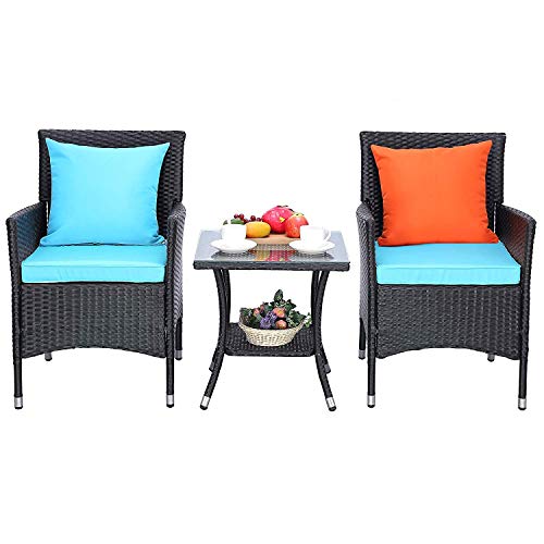 HTTH 3 Pieces Patio Porch Furniture Sets PE Rattan Wicker Chairs Washable Cushion with Tempered Glass Tabletop Outdoor Conversation Garden Backyard Furniture Sets