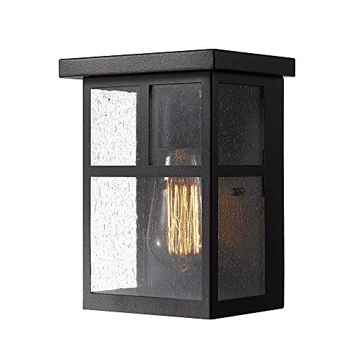 Zeyu 1-Light Outdoor Porch Lantern Wall Mount, Exterior Wall Light Sconce in Black Finish with Seeded Glass Shade, 02A14004 BK