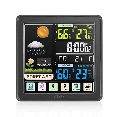 GBlife Weather Stations Wireless Indoor Outdoor, Digital Thermometer with Remote Sensor, Weather Forecast Station with Color LCD Display, Touch Screen Control, USB Port, Alarm Clock (Black)