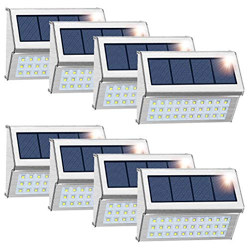 ROSHWEY Solar Deck Lights Outdoor, Waterproof Step Lamps Stainless Steel 30 LED Walkway Security Lights for Garden Fence Patio Pathway (Cool White Light, 8 Pack)