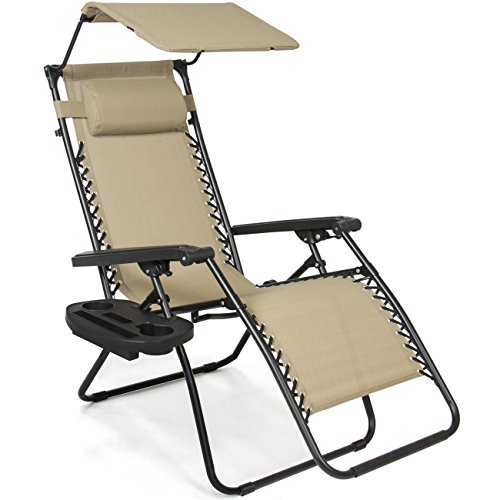 Best Choice Products Folding Zero Gravity Recliner Lounge Chair w/ Adjustable Canopy Shade, Cup Holder Accessory Tray, Headrest Pillow – Beige