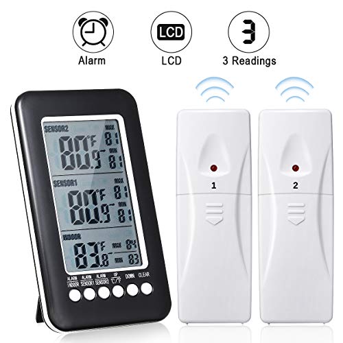 GEMITTO Digital Indoor Outdoor Thermometer, with Temperature Gauge & LCD Alarm Clock, Wireless Outdoor Weather Meter, for Bedroom Greenhouse Garage Warehouse