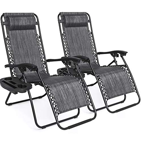 Best Choice Products Set of 2 Adjustable Zero Gravity Lounge Chair Recliners for Patio, Pool w/ Cup Holder Trays, Pillows – Gray