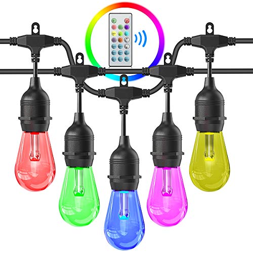 Outdoors String Lights, iBesi 48FT RGB LED String Lights Waterproof with Commercial Grade, Dimmable LED Heavy Duty Hanging Patio String Lights with Remote For Garden, Party, Bar, Cafe Shop, UL LISTED.