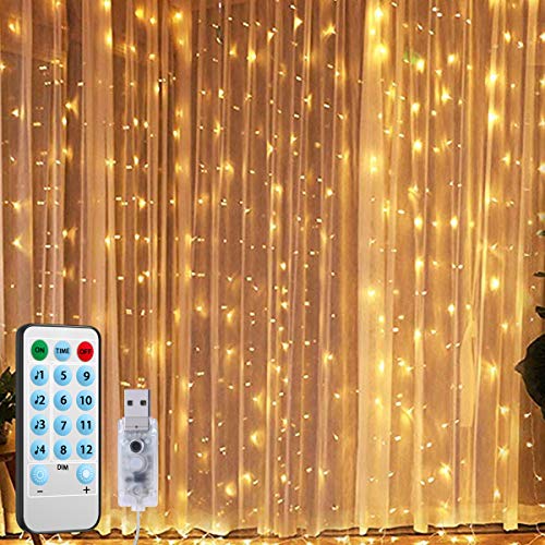 2019 New Window Curtain String Lights, 300 LED USB Powered String Lights, 4 Music Control Modes 8 Lighting Modes Waterproof Decorative Lights for Wedding, Homes, Party, Bedroom (9.8×9.8 Ft)