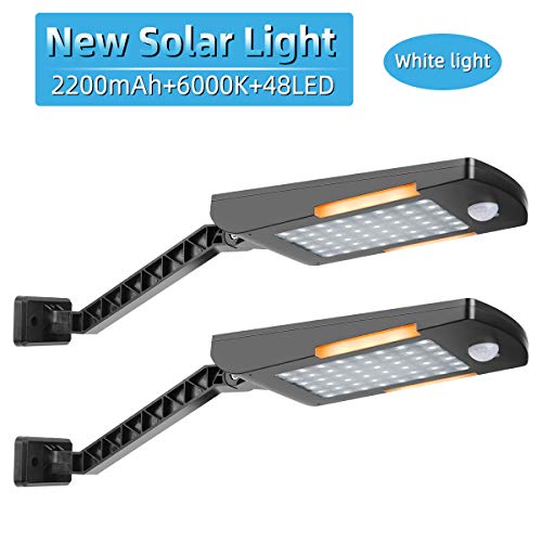 CAIYUE Solar Lights Outdoor – 48+6 LED 600 lumens Security Lighting Wireless Motion Sensor Light for Deck, Garden, Garage, Patio, Yard and Dock (Black – White Light, 2 Pack)