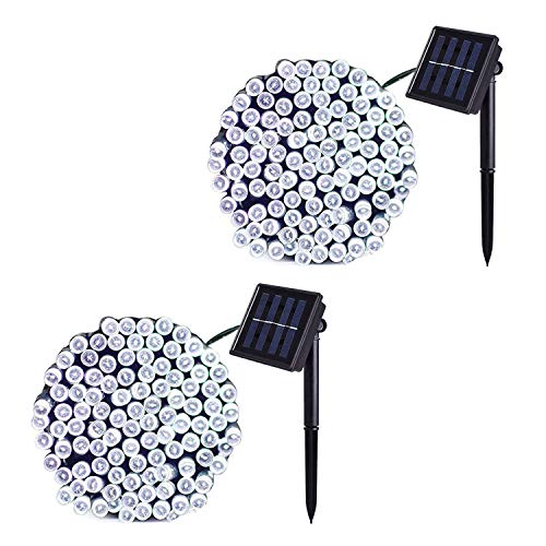 JMEXSUSS 2 Pack Solar String Light 100LED 42.7ft 8 Modes Solar Christmas Lights Waterproof for Gardens, Wedding, Party, Homes, Christmas Tree, Curtains, Outdoors (White)