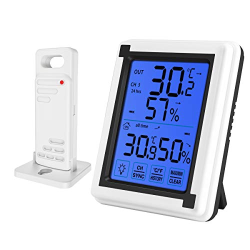ORIA Digital Wireless Hygrometer, Indoor Outdoor Thermometer Humidity with Touchscreen and Backlight, Temperature Humidity Monitor, Large LCD Screen, Min and Max Records for Home, Office, Greenhouse
