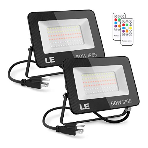 LE RGB Flood Lights, Outdoor LED Floodlight, 50W Stage Lighting, Waterproof, Plug in Security Light with Remote Control, for Home, Backyard, Patio, Garage, Tree, Pack of 2