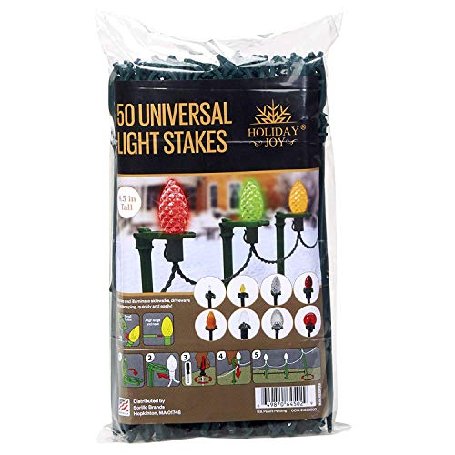 Holiday Joy – 50 Universal Light Lawn Stakes for Holiday String Lights on Yards, Driveways & Pathways – 8.5″ Tall – New and Improved Model (50 Pack)