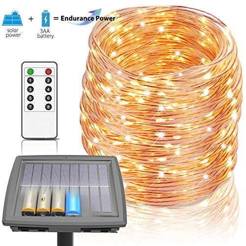 100 Ft Solar Rope Lights, Outdoor String Lights Powered by Solar and Battery, 8 Modes 300 LEDs IP67 Waterproof Solar Fairy Lights with RF Remote for Patio Garden Party Home Decor (Warm White)