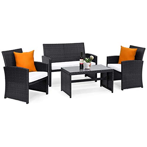 Goplus 4-Piece Rattan Patio Furniture Set Garden Lawn Pool Backyard Outdoor Sofa Wicker Conversation Set with Weather Resistant Cushions and Tempered Glass Tabletop (Mix Black)