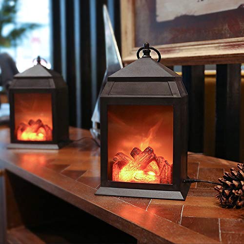 Decorative Lanterns,12″ Fireplace Lantern Flameless LED Lantern Battery Powered and USB 6 Hours Timer Indoor/Outdoor Hanging Lantern,Black Fireplace Lamp(Pack of 2)