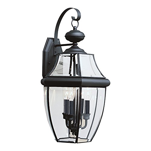 Sea Gull Lighting 8040-12 Lancaster Three-Light Outdoor Wall Lantern with Clear Curved Beveled Glass Panels, Black Finish