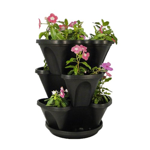 Black 3-Tier Stacking Planter – Vertical Gardening for Herbs, Vegetables, Flowers – Patented Grid System – Best Self Watering Planter – BPA Free