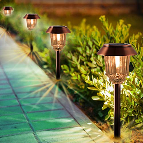 Solar Lights Outdoor – Solar Garden Lights, Pathway Lights Outdoor (4 Pack), IP65 Waterproof Glass Cover, 8-10 Hours Long Lighting Time, 40 Lumens Warm White Light for Garden, Path, Yard and Walkway