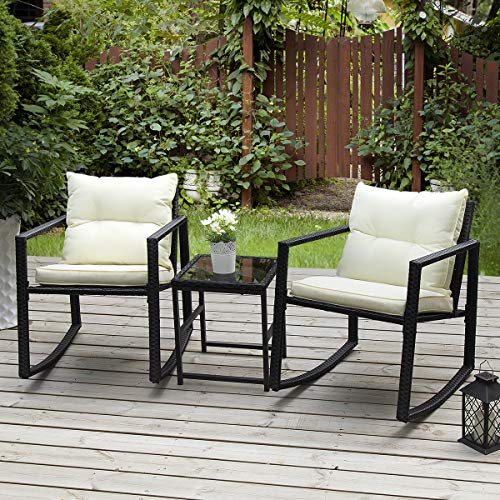PAMAPIC Outdoor 3-Piece Rocking Bistro Set, Black Wicker Patio Rocking Chairs-Two Chairs with Seat and Back Cushions (Beige) & Sophisticated Glass Coffee Table