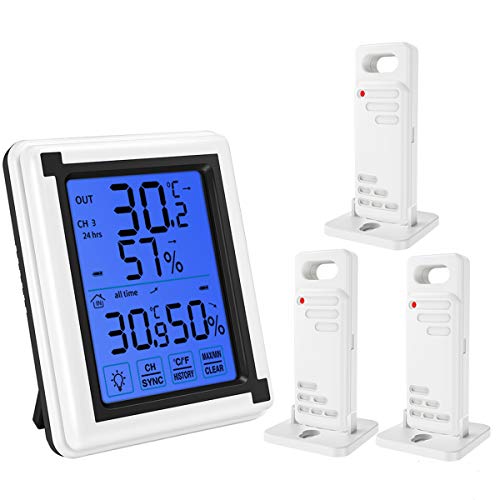 (Upgraded) Indoor Outdoor Thermometer, Digital Hygrometer Thermometer with 3 Sensor, Humidity Monitor Wireless with Touchscreen Backlighty, Humidity Gauge for Home, Office, Baby Room