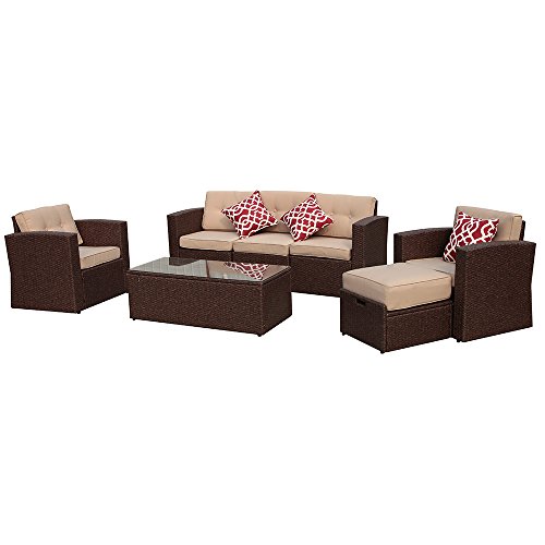 7 Pieces Outdoor Rattan Sectional Furniture Set with Beige Seat and Back Cushions, Red Throw Pillows, Aluminum Frame, Espresso Brown PE Wicker