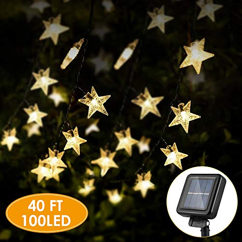 KeShi 40FT 100LED Solar Star String Lights, 8 Modes Solar Powered Twinkle Fairy Lights, Waterproof Star Twinkle Lights for Outdoor, Gardens, Lawn Patio, Landscape, Xmas, Holiday (Warm White)