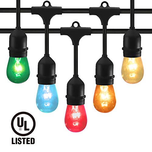 48 FT Colored Outdoor String Lights with 15 Commercial Grade S14 Hanging Sockets, Multicolored Lighting Strands for Cafe Home Patio Party Backyard Garden Patio Deck Decoration, Weatherproof