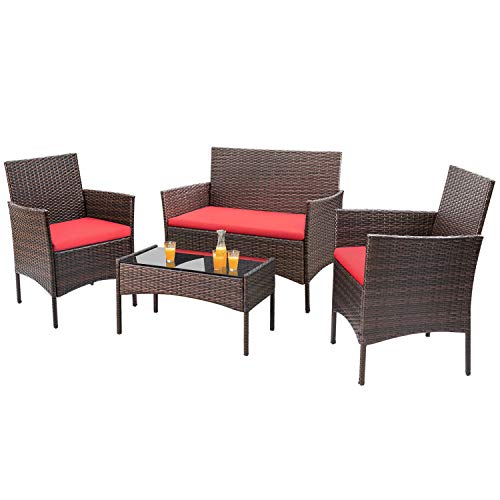 Homall 4 Pieces Outdoor Patio Furniture Sets Rattan Chair Wicker Set, Outdoor Indoor Use Backyard Porch Garden Poolside Balcony Furniture Sets (Red)