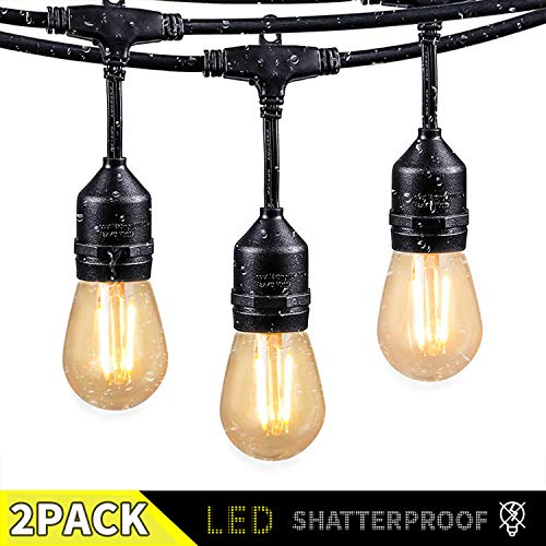 2 Pack 48FT Outdoor String Lights with 15 Shatterproof LED S14 Edison Bulbs-UL Listed Commercial Patio Lights for Deck Backyard Porch Balcony Bistro Cafe Pergola Gazebo Market Garden Decor, Warm White