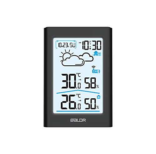 BALDR Indoor Outdoor Thermometer & Hygrometer with White Backlight, Digital Wireless Weather Station, Temperature Monitor, Humidity Gauge Meter, Battery-Operated, Black
