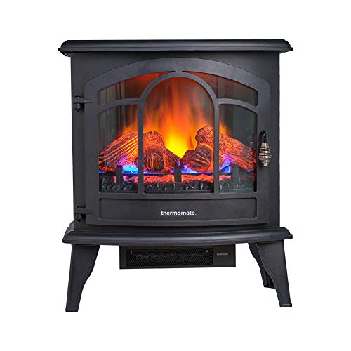 thermomate Electric Fireplace Stove, 23 Inches Portable Freestanding Fireplace with Thermostat and Remote Controller, Realistic Flame and Logs Vintage Design for Home and Office, CSA Approved Safety.