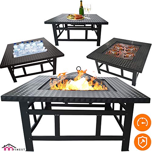 Fire Pit Table Outdoor Set – 32 Inch Diameter Square Fireplace – Multifunctional Garden Terrace Fire Bowl Heater, BBQ, Ice Pit, Outside Wood Burning – with BBQ Grill Shelf, Waterproof Rain Cover
