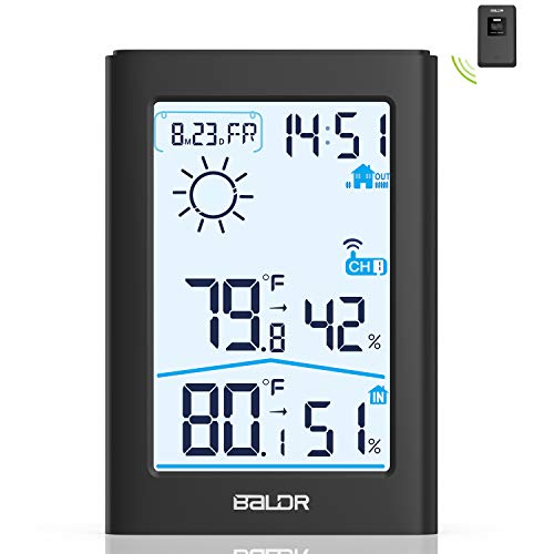 Weather Station, Indoor Outdoor Thermometer Hygrometer with Remote Sensor, Digital Wireless Temperature and Humidity Monitor with Weather Forecast, Date/Time Display, Alarm Clock, Backlight (Black)