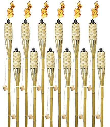 Matney Bamboo Torches – Includes Metal Oil Canisters with Covers to Extinguish Flame – Great for Outdoor Decorating, Luau, Parties, Extra Long 60 Inches (12 Pack)