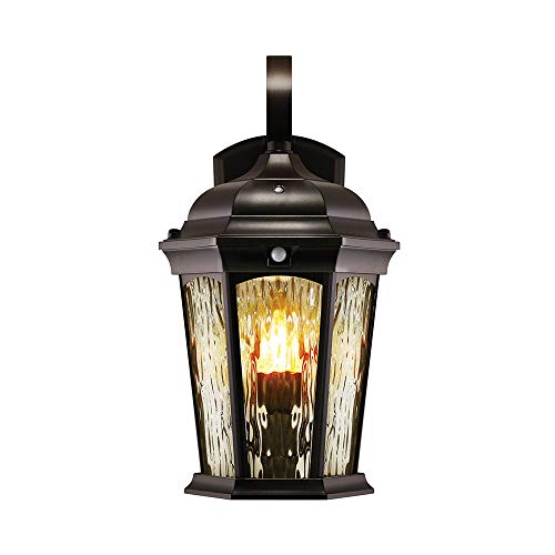 Euri Lighting EFL-130W-MD Flickering Flame Lantern, Water Glass, with Integrated Security Light (3000K), Photocell and Motion-Sensor (Dusk-to-Dawn), Oil Rubbed Bronze Housing