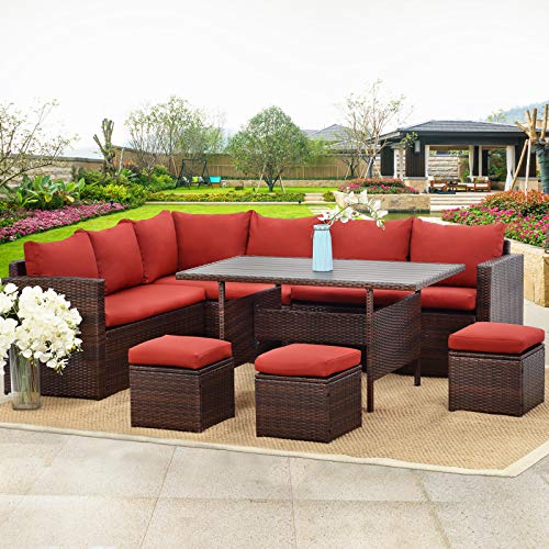 Wisteria Lane Patio Furniture Set, 7 PCS Outdoor Conversation Set All Weather Brown Wicker Sectional Sofa Couch Dining Table Chair with Ottoman,Wine Red Cushion