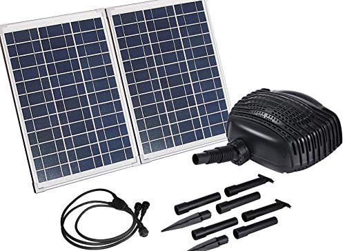 MNP SP50 50W Large Powerful Twin Panel Solar Powered Submersible Pond Pump Kit with 16 feet of hose 898 GPH – Kit weighs over 23 pounds – Ready to connect to waterfall or filtration system –