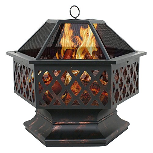 ZENY 24″ Fire Pit Hex Shaped Home Garden Outdoor Backyard Patio Firebowl Wood Burning Fireplace w/Spark Screen Cover